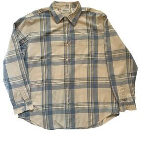 Lemon Grass Beige Blue Plaid 100% Cotton Shirt Size L Retro Grunge Western